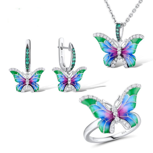 Colorful Enamel Butterfly Jewelry Set - Earrings, Necklace, and Rings (Sold Separately)