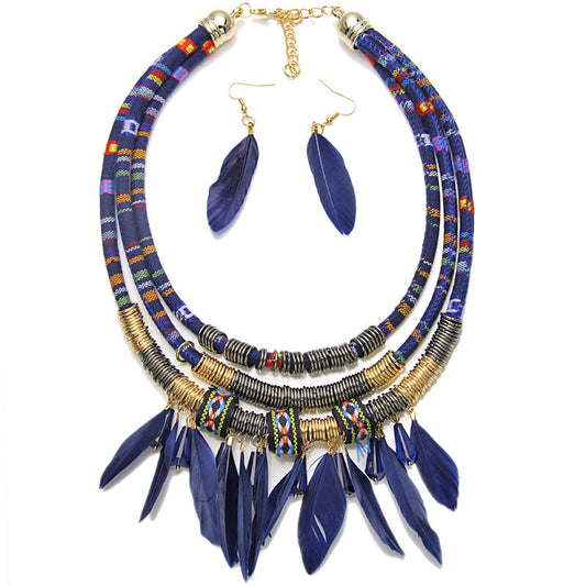 European & American Tribal Feather Necklace and Earring Set